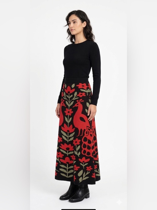 OXKnit Dresses & Skirts - Maxi Skirt with Red Floral & Peacock Motif. Size L. Waist 31” Length 42”